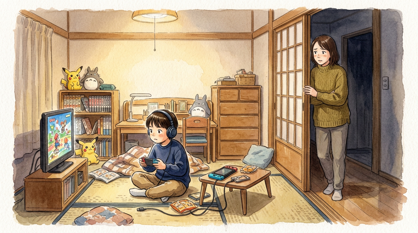 ゲームをする子どもと心配する親
