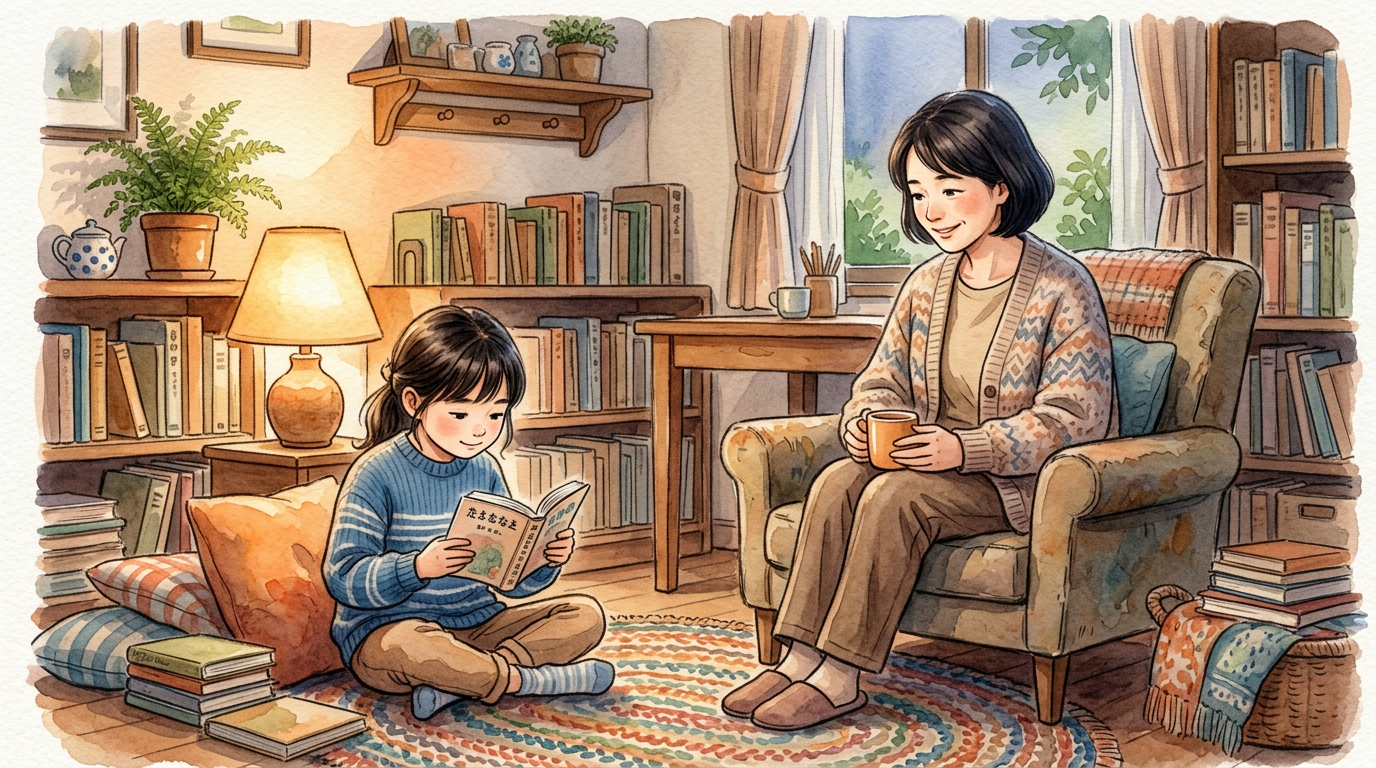 子どもと一緒に本を読む親